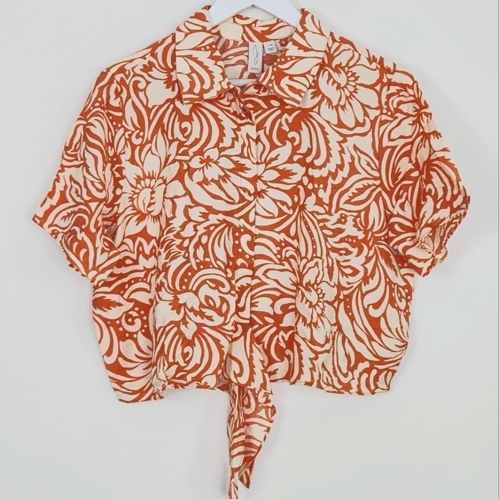 NWT Joie Orange White Floral Short Tie Waist Blouse Size L